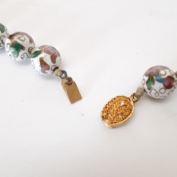 Vintage Chinese Cloisonné Bead Necklace Hand Knotted Enamel Flower Champleve - Picture 5 of 10